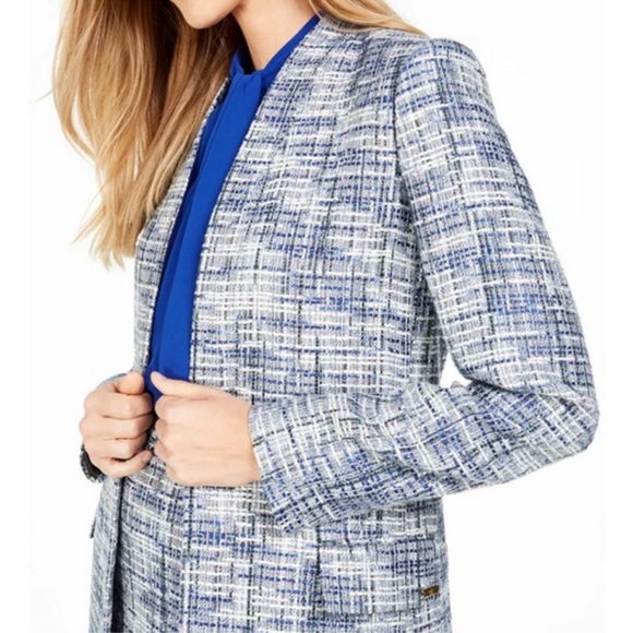 Calvin Klein Tweed Collarless Topper Open Front Jacket & Skirt Set Blue Size 12 - Picture 2 of 16